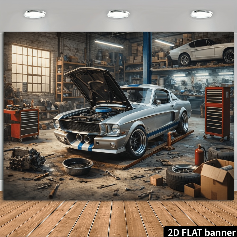 Auto Repair Shop Background - 2D 평면 복고풍 자동차 정비소 은색