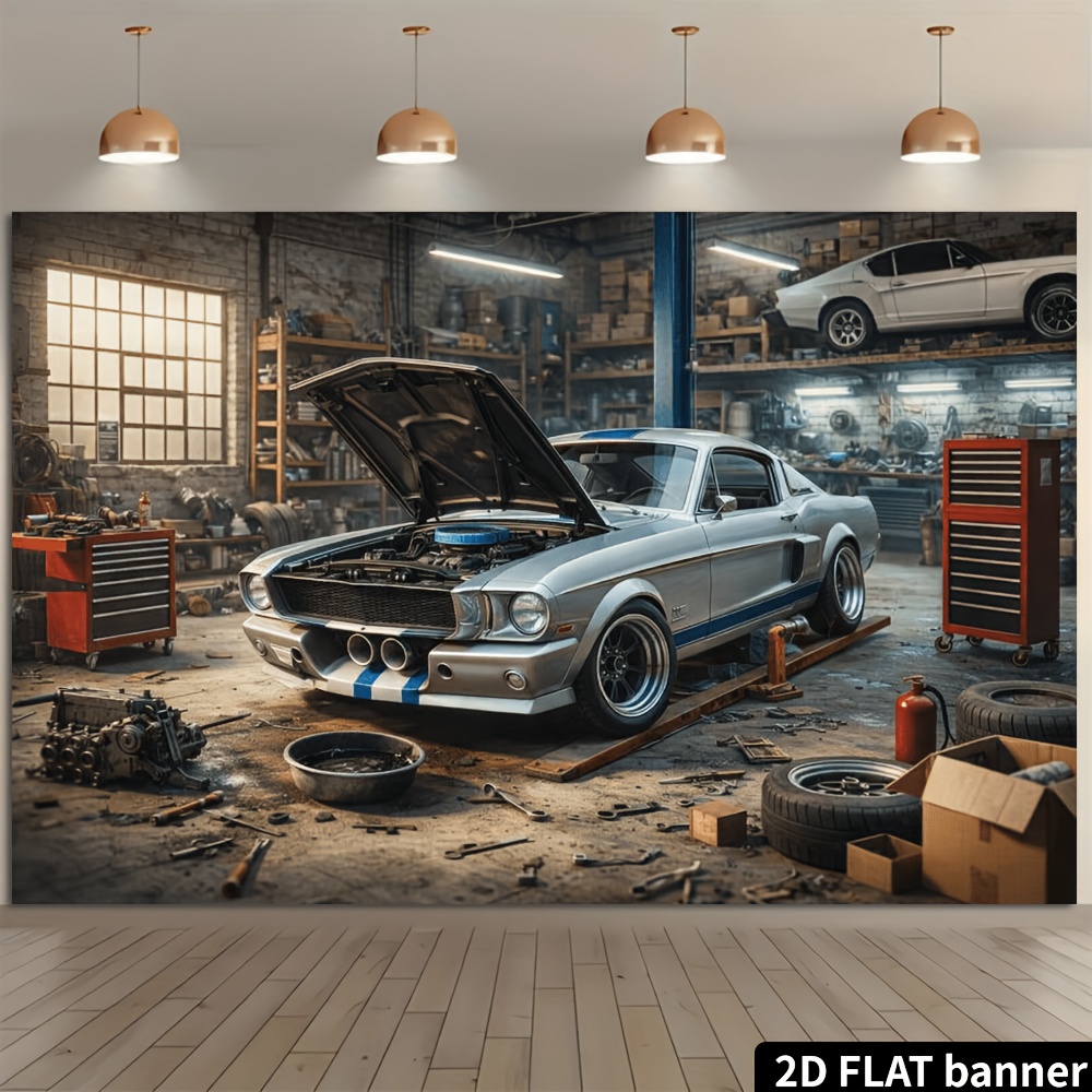 2D 평면 복고풍 자동차 정비소 은색 스포츠카 배경 천 - Auto Repair Shop Background 리뷰 및 가격