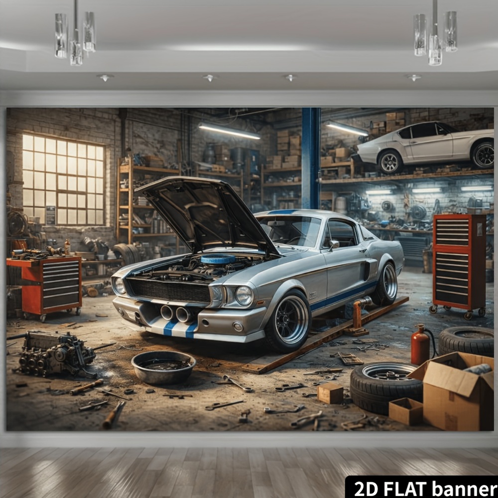 2D 평면 복고풍 자동차 정비소 은색 스포츠카 배경 천 - Auto Repair Shop Background 리뷰 및 가격
