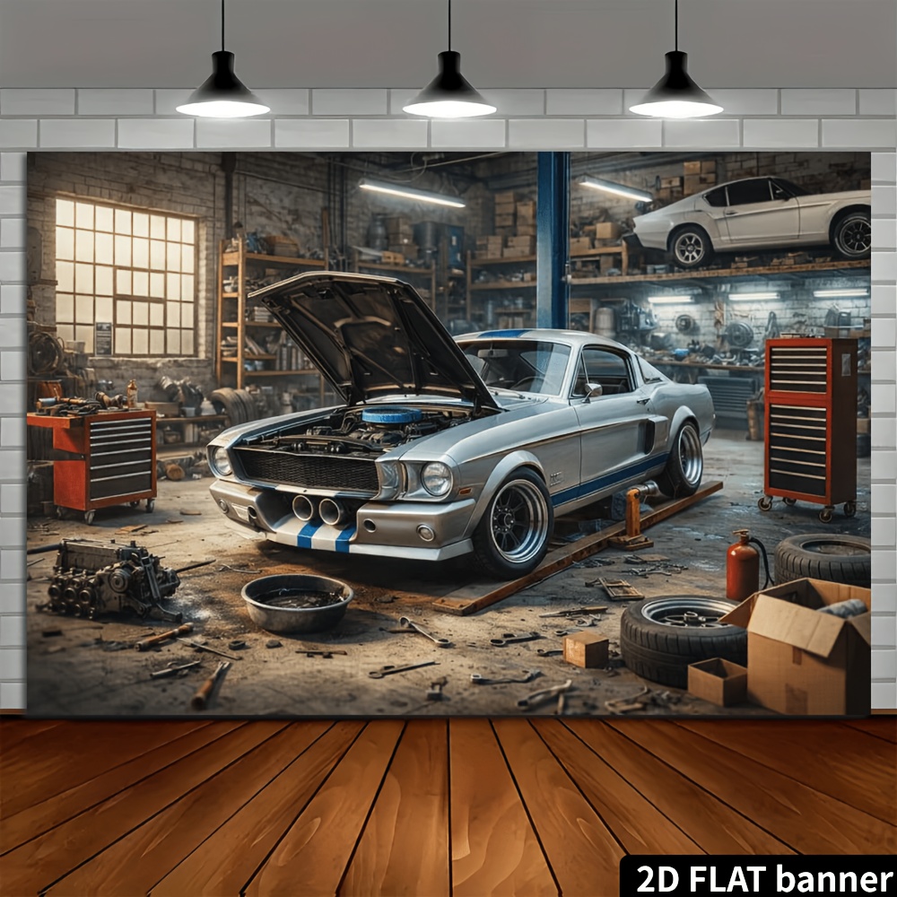 2D 평면 복고풍 자동차 정비소 은색 스포츠카 배경 천 - Auto Repair Shop Background 리뷰 및 가격